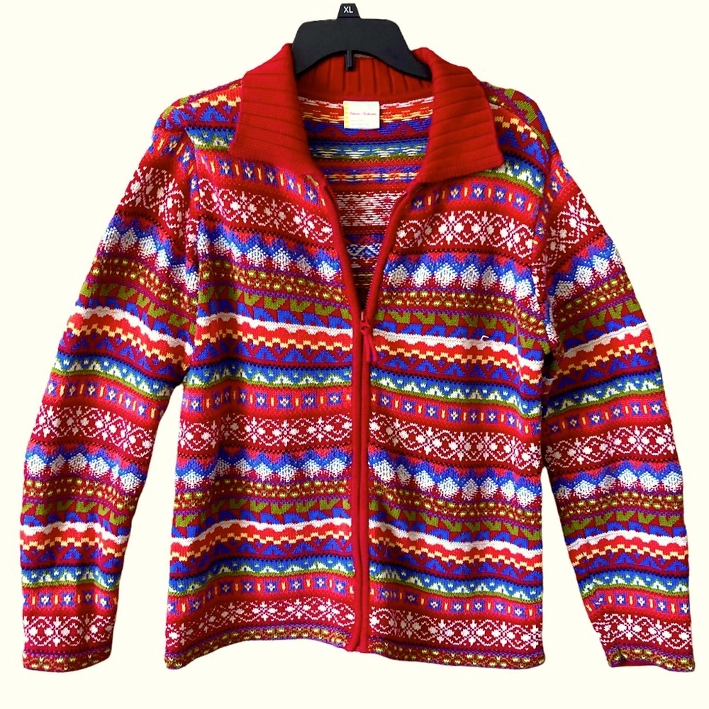 Hanna Anderson Sweater Fair Isle Colorful Zip Cardigan Large